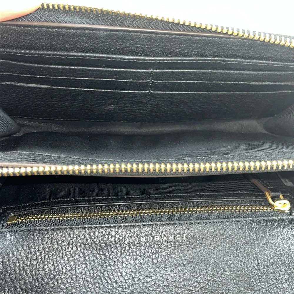 Tory Burch McGraw Flat Pebbled Leather Wallet‎ Crossbody Black Clutch Bag Gold